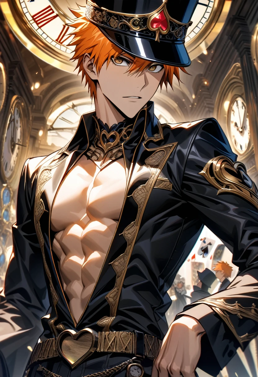Ultra detailed, Highres, absurdres, HDR, Kurosaki Ichigo, orange hair, expressive brown eyes, clock, in wonderland, Bleach, spade of cards, heart of cards, sexy man, handsome, solo, very detailed eyes and face, black hat, black clothes with patterns, master piece, toned chest,