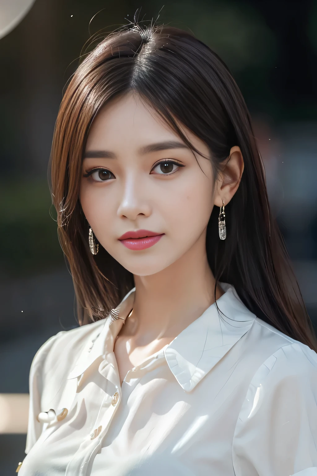 (Buttons that match the length of the shirt:1.2)、(White short-sleeved collared shirt)、(Unbuttoned shirt:1.1)、Shapely breasts、Deep valley、highest quality、masterpiece、Awareness-raising、Very delicate and beautiful、Very detailed、CG、Unity、8k wallpaper、Amazing、In detail、HVery detailed CG Unity 8k wallpapers、Large file size、Very detailed、High resolution、Handsome detailed woman、Very detailed目と顔、 Stunning eye for detail、Facial Light、(The best Awareness-raisingns:1.1)、(Best Shadow:1.1)、超A high resolution、(Photorealistic:1.1)、(Photorealistic 1.2:1.1)、Realistic Face Proportions、Slime-ified、Laughter、(compensate:0.4)、(fluffy Iris:1.21)、Iris、Look at the viewers、Dark brown hair、Earrings、necklace、(Irregular skin imperfections、vein、Wrinkled pores on skin:1.2)、(Dark Night Background: 1.2)、(Bokeh Depth of Field:1.4)、