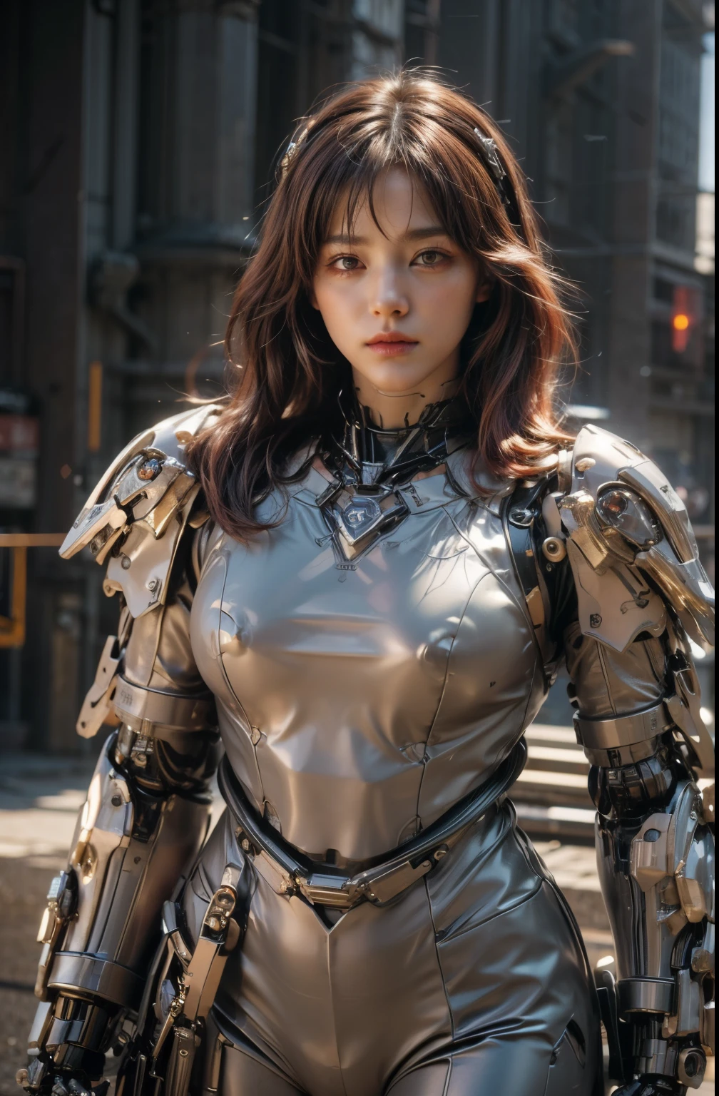 (top-quality:1.2, masterpiece)、ultra high resolution、extremely ultra surrealism, (Photorealsitic:1.4)、Raw photo、(Steampunk Battle Cyborg fallen angel)、(large mechanical bat wings)、black porcelain body、red hair、glowy skin、1 Cyborg girl、(mechanical frame:1.3)japanese, extremely cute face, ((super realistic details))、portrait、globalillumination、Shadow、octan render、8K、ultrasharp、character edge light、Details of complex ornaments、Acrylic Clear Cover、Sumerian details、Hydraulic cylinder、Small LED lamp、highly intricate detail、Realistic light、a purple eye、radiant eyes、Facing the camera、neon details、cowboy shot、Futuristic headgear、About Cyberpunk