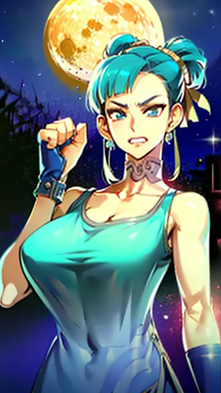 Waifu, masterpiece, curvy, breasts, moon, full moon, gloves, 1girl, clenched teeth, bulma, cleavage, large breasts, teeth, aqua hair, red gloves, tank top, blue eyes, rating:explicit,rule34, hardcore, ,,clenched hands, punching, night, sky, jumpsuit, pants, bare shoulders, blue hair, clenched hand, rating:questionable, short hair, belt, green hair, solo, angry, orange gloves, lip biting(gigantic and massive tits:1.1), breasts, official illustration, illustration, detailed face, beautiful intricate eyes, curvy milf, 1:2), closeup, titsnipples