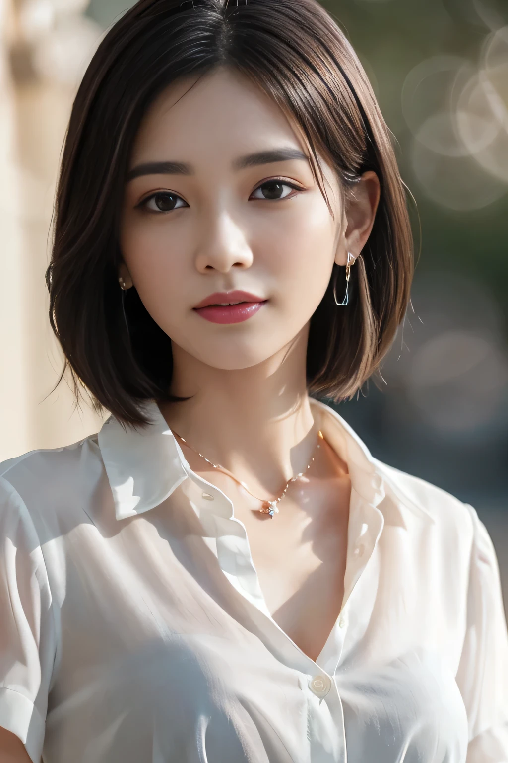 (Buttons that match the length of the shirt:1.2)、(White short-sleeved collared shirt)、(Unbuttoned shirt:1.1)、Shapely breasts、Deep valley、highest quality、masterpiece、Awareness-raising、Very delicate and beautiful、Very detailed、CG、Unity、8k wallpaper、Amazing、In detail、HVery detailed CG Unity 8k wallpapers、Large file size、Very detailed、High resolution、Handsome detailed woman、Very detailed目と顔、 Stunning eye for detail、Facial Light、(The best Awareness-raisingns:1.1)、(Best Shadow:1.1)、超A high resolution、(Photorealistic:1.1)、(Photorealistic 1.2:1.1)、Realistic Face Proportions、Slime-ified、Laughter、(compensate:0.4)、(fluffy Iris:1.21)、Iris、Look at the viewers、Dark brown hair、Earrings、necklace、(Irregular skin imperfections、vein、Wrinkled pores on skin:1.2)、(Dark Night Background: 1.2)、(Bokeh Depth of Field:1.4)、