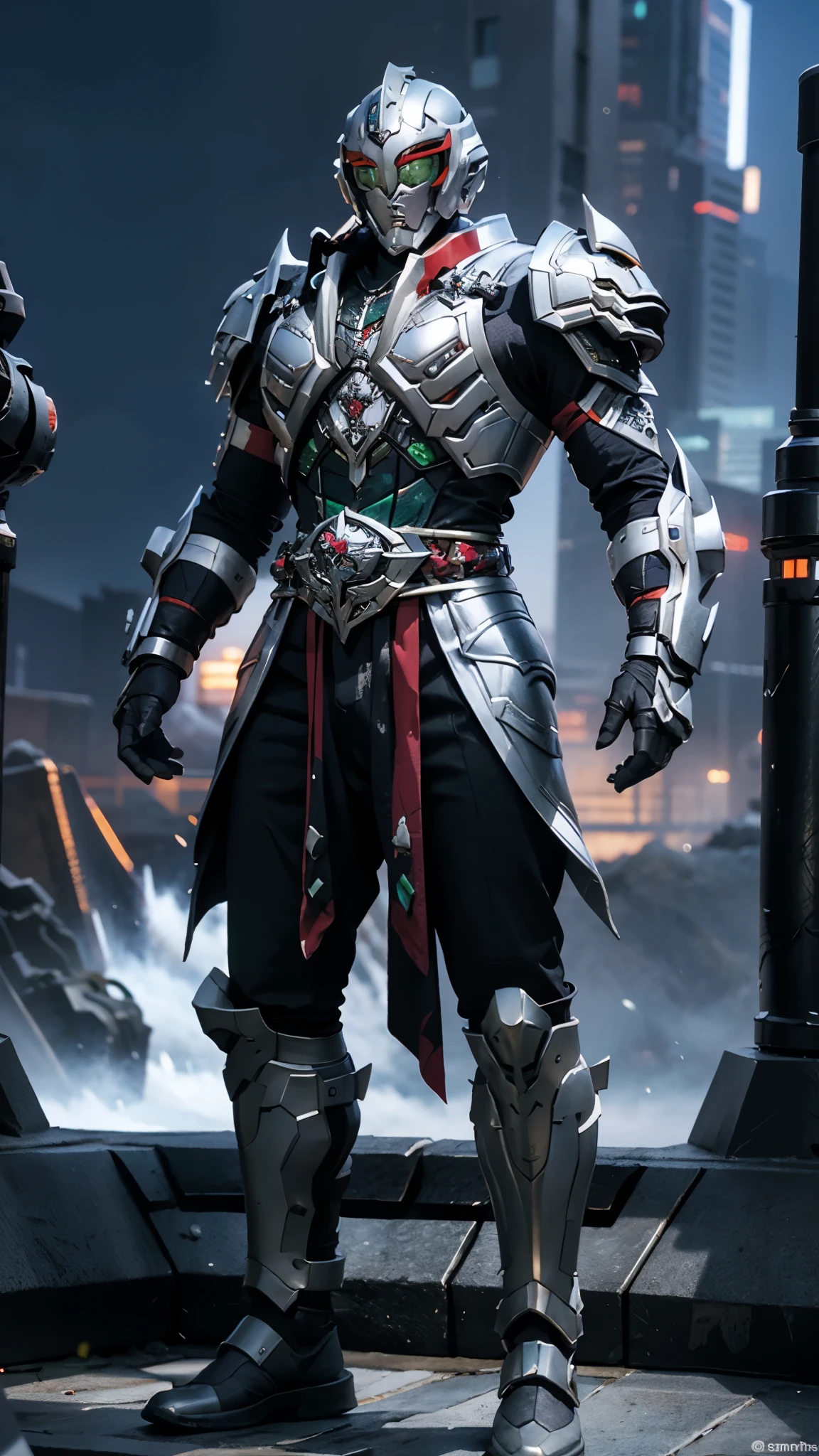 A man wearing a full-face helmet, a fantasy-style biotech armored combat suit, green eyes, (a composite layered chest armor), fully enclosed shoulder guards, matching arm and leg guards, the belt is adorned with Rose-shaped gemstone, (the color scheme is primarily white with red and blue accents), the design balances heavy with agility, a high-tech bio-mecha armor, (Armor Concept Inspired by Rose, stand on the top of a skyscraper in a futuristic sci-fi city), this character embodies a finely crafted fantasy-surreal style armored hero in anime style, exquisite and mature manga art style, (battle damage, element, plasma, energy, the armor glows), ((male:1.5)), metallic, real texture material, dramatic, high definition, best quality, highres, ultra-detailed, ultra-fine painting, extremely delicate, professional, perfect body proportions, golden ratio, anatomically correct, symmetrical face, extremely detailed eyes and face, high quality eyes, creativity, RAW photo, UHD, 32k, Natural light, cinematic lighting, masterpiece-anatomy-perfect, masterpiece:1.5