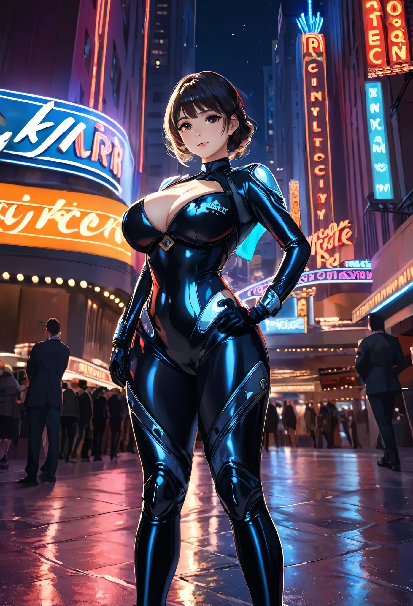 1girl, 18-year-old, mix4, (8k, Raw Photo, Highest quality, masterpiece:1.2), (Realistic, Realistic:1.37), cute, Wear a rider suit、Full Body Shot、night, Professional Lighting, Photon Mapping, Radio City, Physical Rendering, Super-resolution, (Big Breasts:1.2)