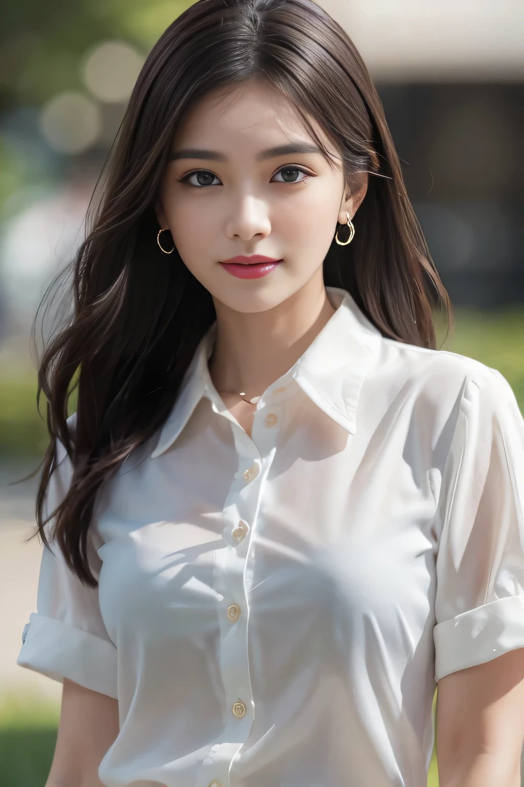 (Buttons that match the length of the shirt:1.2)、(White short-sleeved collared shirt)、(Unbuttoned shirt:1.1)、Shapely breasts、Deep valley、highest quality、masterpiece、Awareness-raising、Very delicate and beautiful、Very detailed、CG、Unity、8k wallpaper、Amazing、In detail、HVery detailed CG Unity 8k wallpapers、Large file size、Very detailed、High resolution、Handsome detailed woman、Very detailed目と顔、 Stunning eye for detail、Facial Light、(The best Awareness-raisingns:1.1)、(Best Shadow:1.1)、超A high resolution、(Photorealistic:1.1)、(Photorealistic 1.2:1.1)、Realistic Face Proportions、Slime-ified、Laughter、(compensate:0.4)、(fluffy Iris:1.21)、Iris、Look at the viewers、Dark brown hair、Earrings、necklace、(Irregular skin imperfections、vein、Wrinkled pores on skin:1.2)、(Dark Night Background: 1.2)、(Bokeh Depth of Field:1.4)、