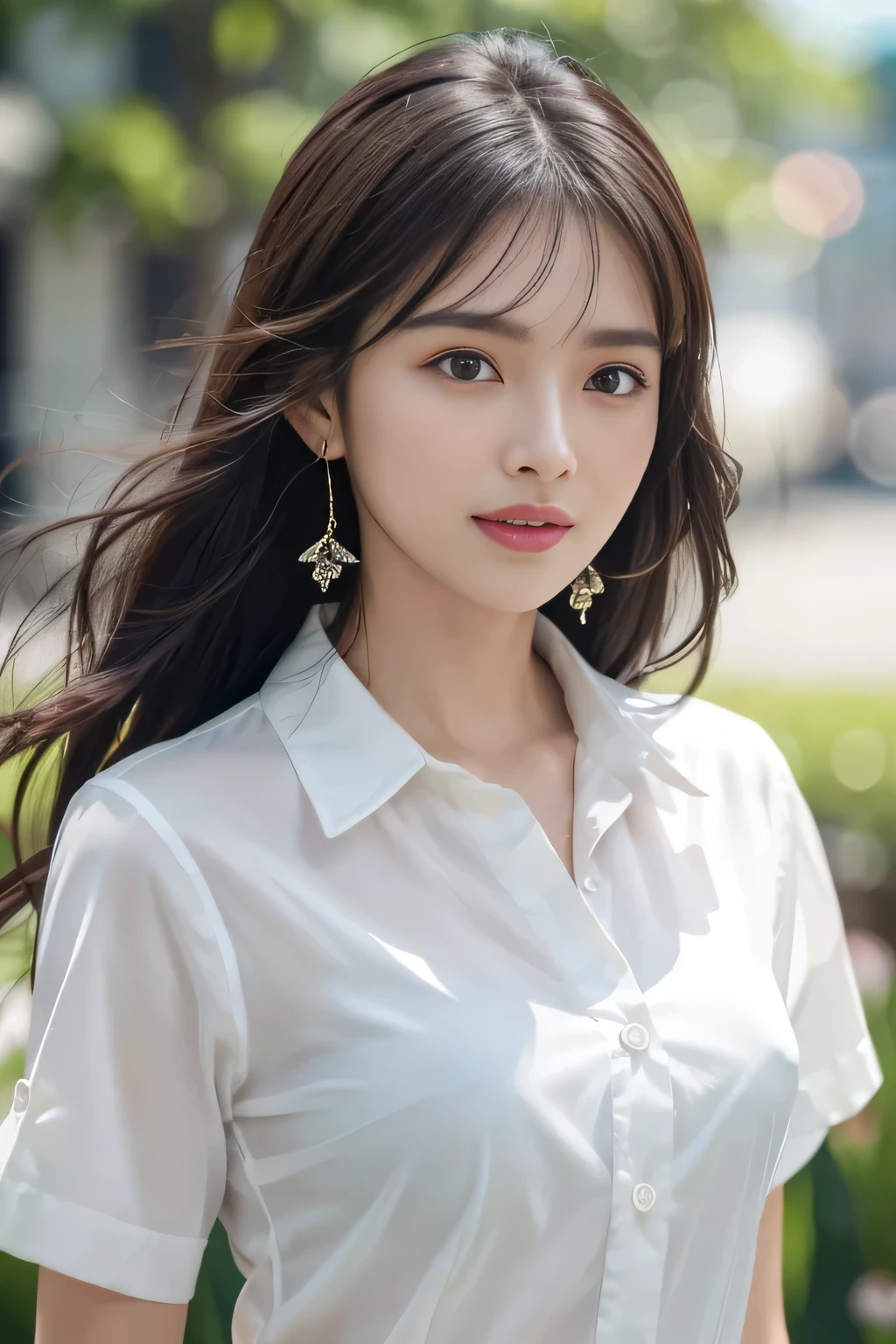 (Buttons that match the length of the shirt:1.2)、(White short-sleeved collared shirt)、(Unbuttoned shirt:1.1)、Shapely breasts、Deep valley、highest quality、masterpiece、Awareness-raising、Very delicate and beautiful、Very detailed、CG、Unity、8k wallpaper、Amazing、In detail、HVery detailed CG Unity 8k wallpapers、Large file size、Very detailed、High resolution、Handsome detailed woman、Very detailed目と顔、 Stunning eye for detail、Facial Light、(The best Awareness-raisingns:1.1)、(Best Shadow:1.1)、超A high resolution、(Photorealistic:1.1)、(Photorealistic 1.2:1.1)、Realistic Face Proportions、Slime-ified、Laughter、(compensate:0.4)、(fluffy Iris:1.21)、Iris、Look at the viewers、Dark brown hair swaying in the wind、Earrings、necklace、(Irregular skin imperfections、vein、Wrinkled pores on skin:1.2)、(Bokeh Depth of Field:1.4)、