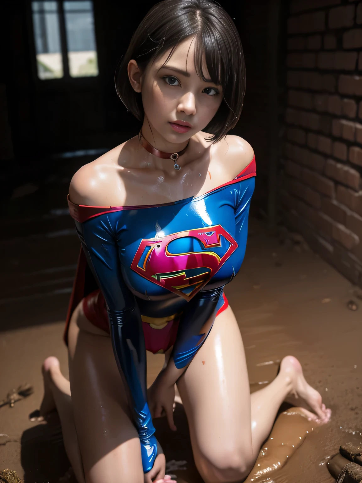 masterpiece、Supergirl Costume、short hair、barefoot、Big and ample breasts、Crisis situation、Complete surrender、Mud stains、basement、Abused、Kneel、Sweaty、Shiny、looking at the camera、Dripping sewage、choker、Long sleeve、Sexy poses to seduce、Poor environment、Humiliating、Off the shoulder、latex、
