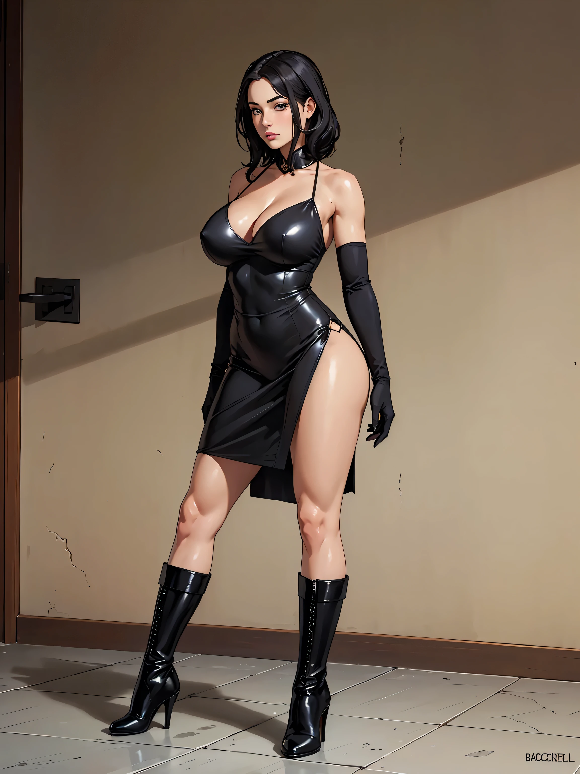 Full body, realistic, (1 beautiful woman, solo: 1.1), big breasts, black hair, black dress, black gloves, black high heel boots