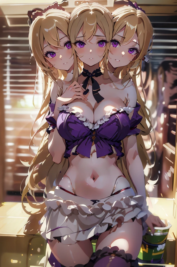 (masterpiece, best quality), best quality, (ultra-detailed), (3 heads:1.5), 1girl, (yakumo yukari:1.3), masterpiece, best quality, ultra quality, ultra resolution, ultra detail, purple top, crop top, ((stomach)), midriff, ((groin)), purple skirt, frilled skirt, normal ears, ????????, blonde hair, very long hair, wavy hair, sidelocks, purple eyes, detailed eyes, parted lips, open belly, sweat, cute, toned belly, hand on own ?????, eyelashes, (24 year old woman:1.3), (masterpiece:1.5), (best quality:1.5), (beautiful detailed), extremely detailed CG, extremely delicate and beautiful, depth of field, (finely detailed face), (perfect details:1.2), (mature female:1.3), wide pelvis, slender, large veiny ??????, 16k resolution, high res, high quality, high definition, extremely detailed, masterpiece, best quality, blonde hair, long hair, alluring presence, braid, short skirt, close up, big ????, young, frills, hat, hat ribbon, midriff, ????,
