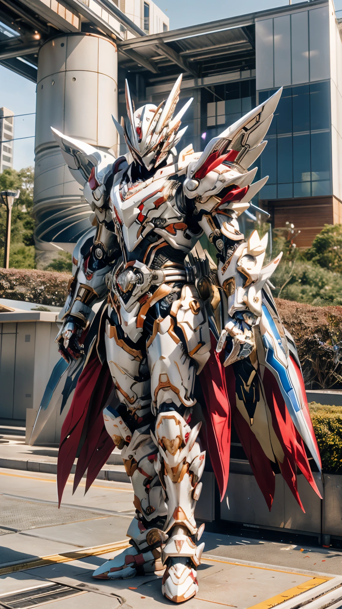 A man wearing a full-face helmet, a fantasy-style biotech armored combat suit, green eyes, (a composite layered chest armor), fully enclosed shoulder guards, matching arm and leg guards, the belt is adorned with Halo, (the color scheme is primarily white with red and blue accents), the design balances heavy with agility, a high-tech bio-mecha armor, (Armor Concept Inspired by Angel, stand on the top of a skyscraper in a futuristic sci-fi city), this character embodies a finely crafted fantasy-surreal style armored hero in anime style, exquisite and mature manga art style, (battle damage, element, plasma, energy, the armor glows), ((male:1.5)), metallic, real texture material, dramatic, high definition, best quality, highres, ultra-detailed, ultra-fine painting, extremely delicate, professional, perfect body proportions, golden ratio, anatomically correct, symmetrical face, extremely detailed eyes and face, high quality eyes, creativity, RAW photo, UHD, 32k, Natural light, cinematic lighting, masterpiece-anatomy-perfect, masterpiece:1.5