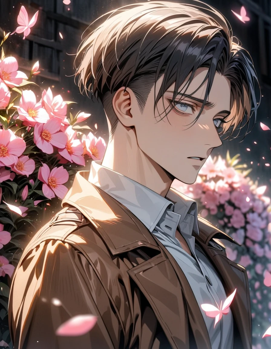 absurdres, highres, ultra detailed, HDR, masterpiece, extremely detailed face and eyes, Levi Ackerman, black hair with a undercut, dark circles under the eyes, expressive gray eyes, Shingeki No Kyojin, solo, sexy man, handsome, brown coat, white shirt, handsome, pink butterflies, pink petals, pink flowers