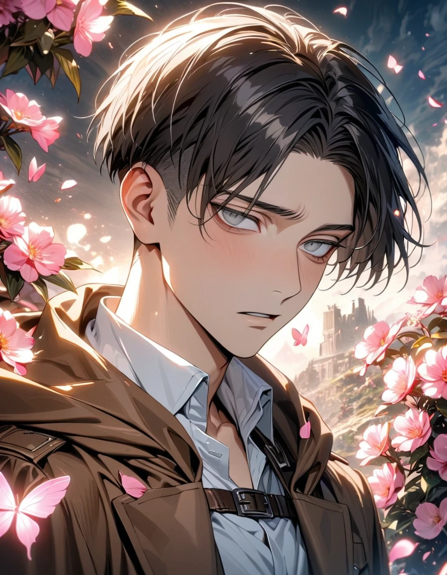 absurdres, highres, ultra detailed, HDR, masterpiece, extremely detailed face and eyes, Levi Ackerman, black hair with a undercut, dark circles under the eyes, expressive gray eyes, Shingeki No Kyojin, solo, sexy man, handsome, brown coat, white shirt, handsome, pink butterflies, pink petals, pink flowers