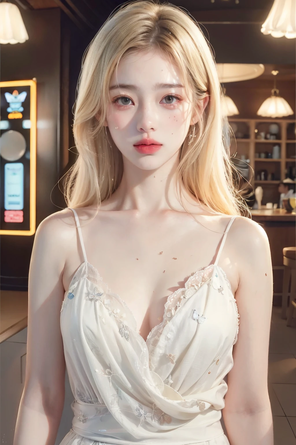 1 woman, SFW,  Beautiful woman with blonde hair in the arcade, (whole body:1.7), AS-Adult, detailed skin, ultra realistic 8k cg, 그림처럼 Perfect 얼굴, Perfect, Clean, masterpiece, 전문적인 illustration, famous work of art, movie lights, Cinematic flowers,  best quality, masterpiece, illustration, (realistic, photo-realistic:1.37), amazing, in detail, incredibly absurd, huge file size, very detailed, mackerel, very detailed CG Unity 8k 벽지, ray tracing. The background of the image is blurry., depth of field and extremely photorealistic quality., (Milky skin, glowing skin:1.5). 