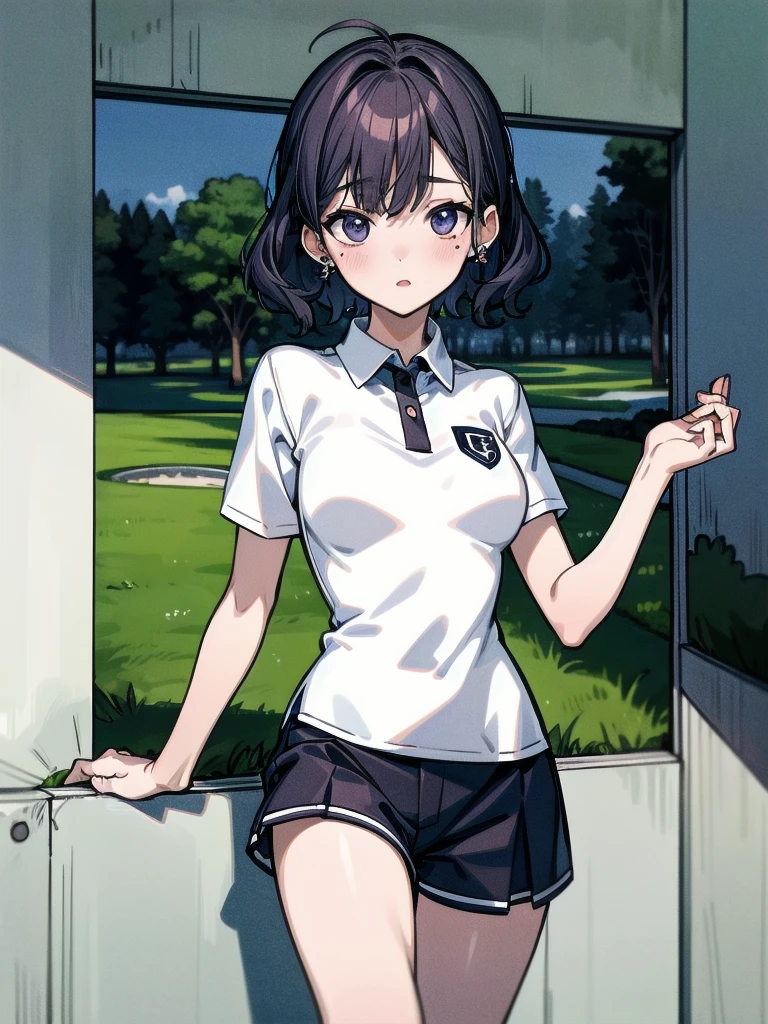 golf uniform, shorts, absurdres, RAW photo, extremely delicate and beautiful, masterpiece, Best Quality, ultra high resolution, 32k, hyperrealistic, ultra-detailed, detailed description, pale skin, 20 years old, tearful mole, earring, big tits, short medium hair, wavy hair, whole body shot,