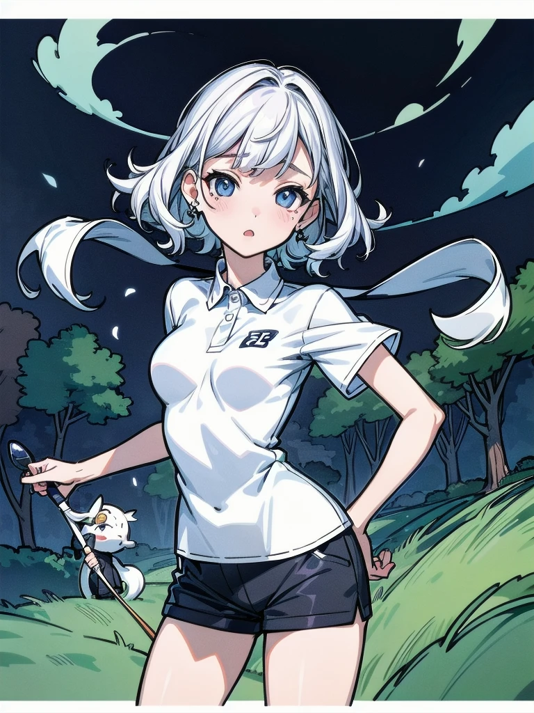 golf uniform, shorts, absurdres, RAW photo, extremely delicate and beautiful, masterpiece, Best Quality, ultra high resolution, 32k, hyperrealistic, ultra-detailed, detailed description, pale skin, 20 years old, tearful mole, earring, big tits, short medium hair, wavy hair, whole body shot,