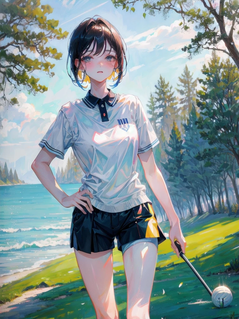 golf uniform, shorts, absurdres, RAW photo, extremely delicate and beautiful, masterpiece, Best Quality, ultra high resolution, 32k, hyperrealistic, ultra-detailed, detailed description, pale skin, 20 years old, tearful mole, earring, big tits, short medium hair, wavy hair, whole body shot,