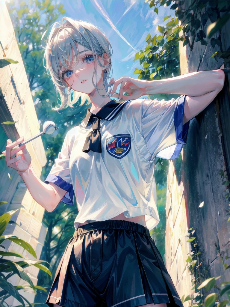 golf uniform, shorts, absurdres, RAW photo, extremely delicate and beautiful, masterpiece, Best Quality, ultra high resolution, 32k, hyperrealistic, ultra-detailed, detailed description, pale skin, 20 years old, tearful mole, earring, big tits, short medium hair, wavy hair, whole body shot,