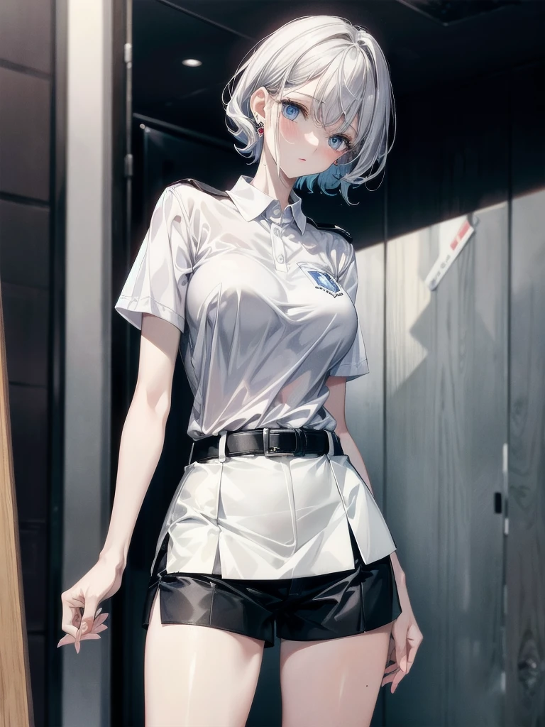 golf uniform, shorts, absurdres, RAW photo, extremely delicate and beautiful, masterpiece, Best Quality, ultra high resolution, 32k, hyperrealistic, ultra-detailed, detailed description, pale skin, 20 years old, tearful mole, earring, big tits, short medium hair, wavy hair, whole body shot,