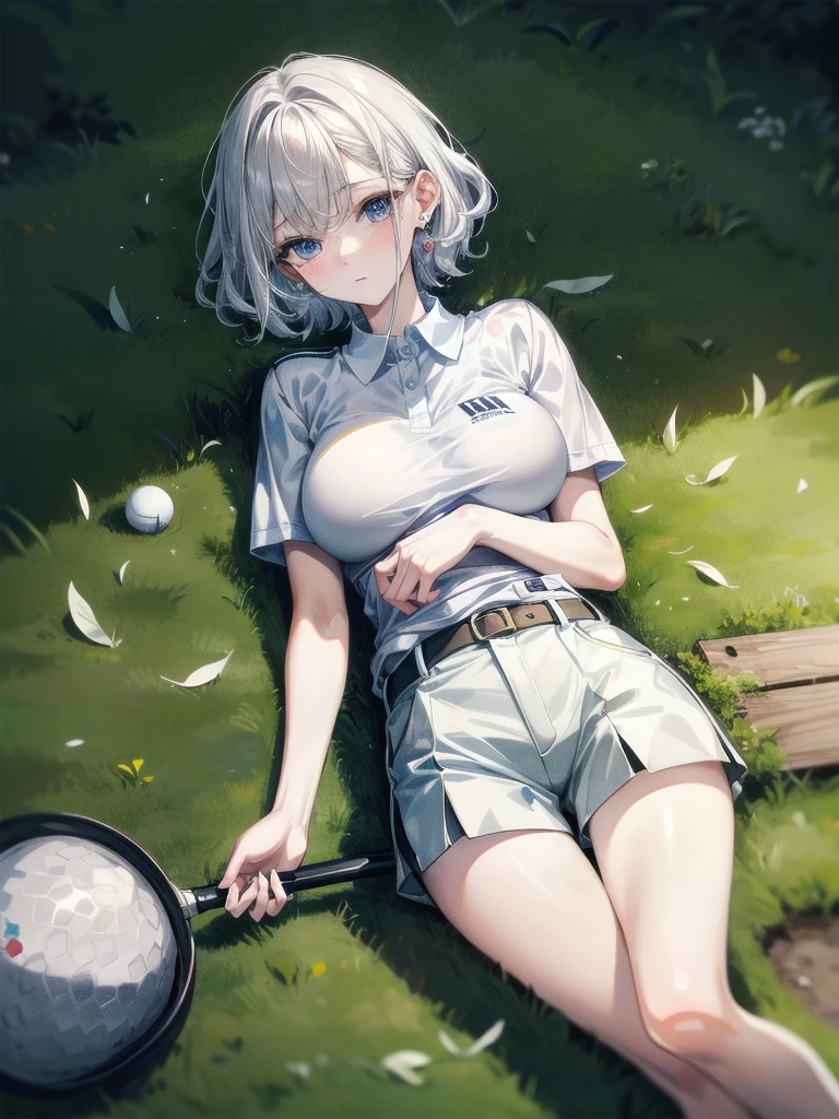 golf uniform, shorts, absurdres, RAW photo, extremely delicate and beautiful, masterpiece, Best Quality, ultra high resolution, 32k, hyperrealistic, ultra-detailed, detailed description, pale skin, 20 years old, tearful mole, earring, big tits, short medium hair, wavy hair, whole body shot,