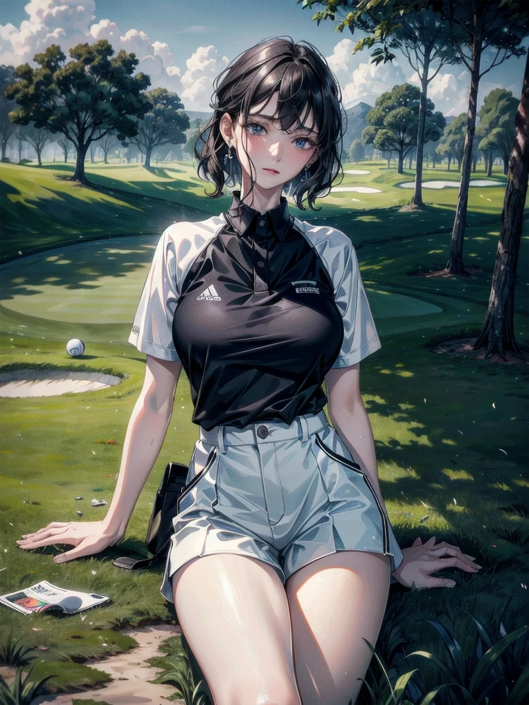 golf uniform, shorts, absurdres, RAW photo, extremely delicate and beautiful, masterpiece, Best Quality, ultra high resolution, 32k, hyperrealistic, ultra-detailed, detailed description, pale skin, 20 years old, tearful mole, earring, big tits, short medium hair, wavy hair, whole body shot,