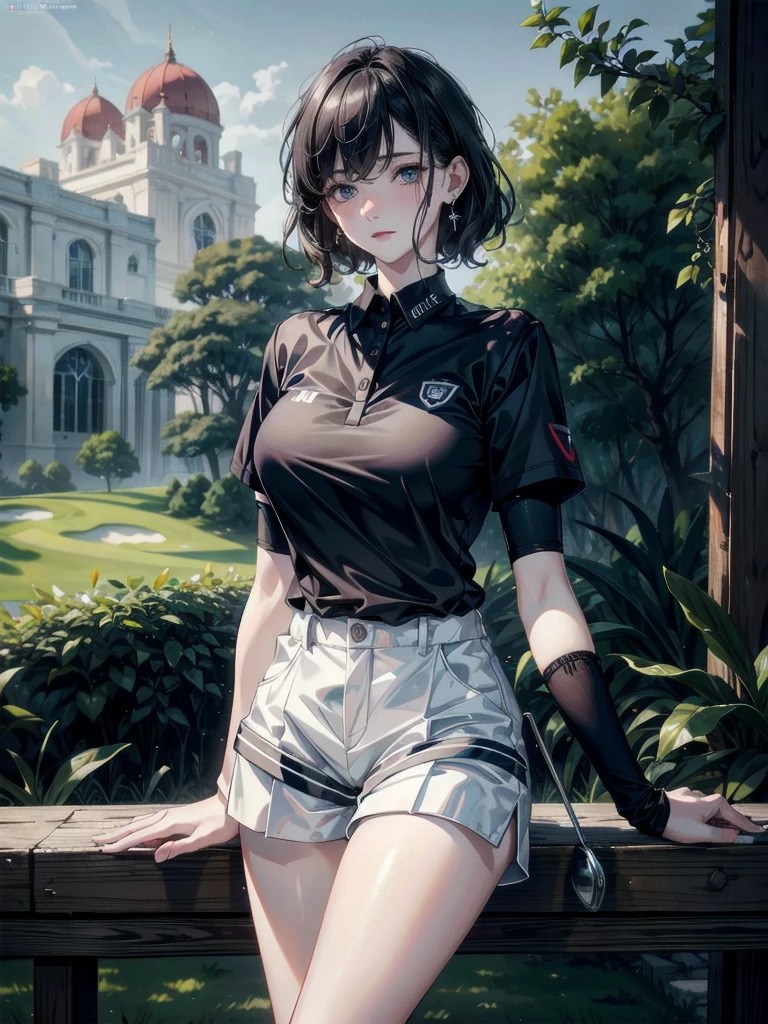 golf uniform, shorts, absurdres, RAW photo, extremely delicate and beautiful, masterpiece, Best Quality, ultra high resolution, 32k, hyperrealistic, ultra-detailed, detailed description, pale skin, 20 years old, tearful mole, earring, big tits, short medium hair, wavy hair, whole body shot,