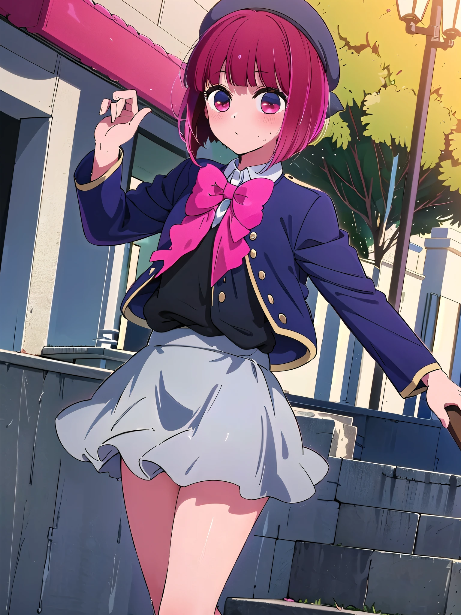 (masterpiece), high quality, 8k, 1girl, solo, beautiful lighting, kanaarima, short hair, (school uniform, jacket, blue jacket, black shirt, blue hat, white socks, hat, bow, pink bowtie, short skirt, grey skirt), standing, outdoor
