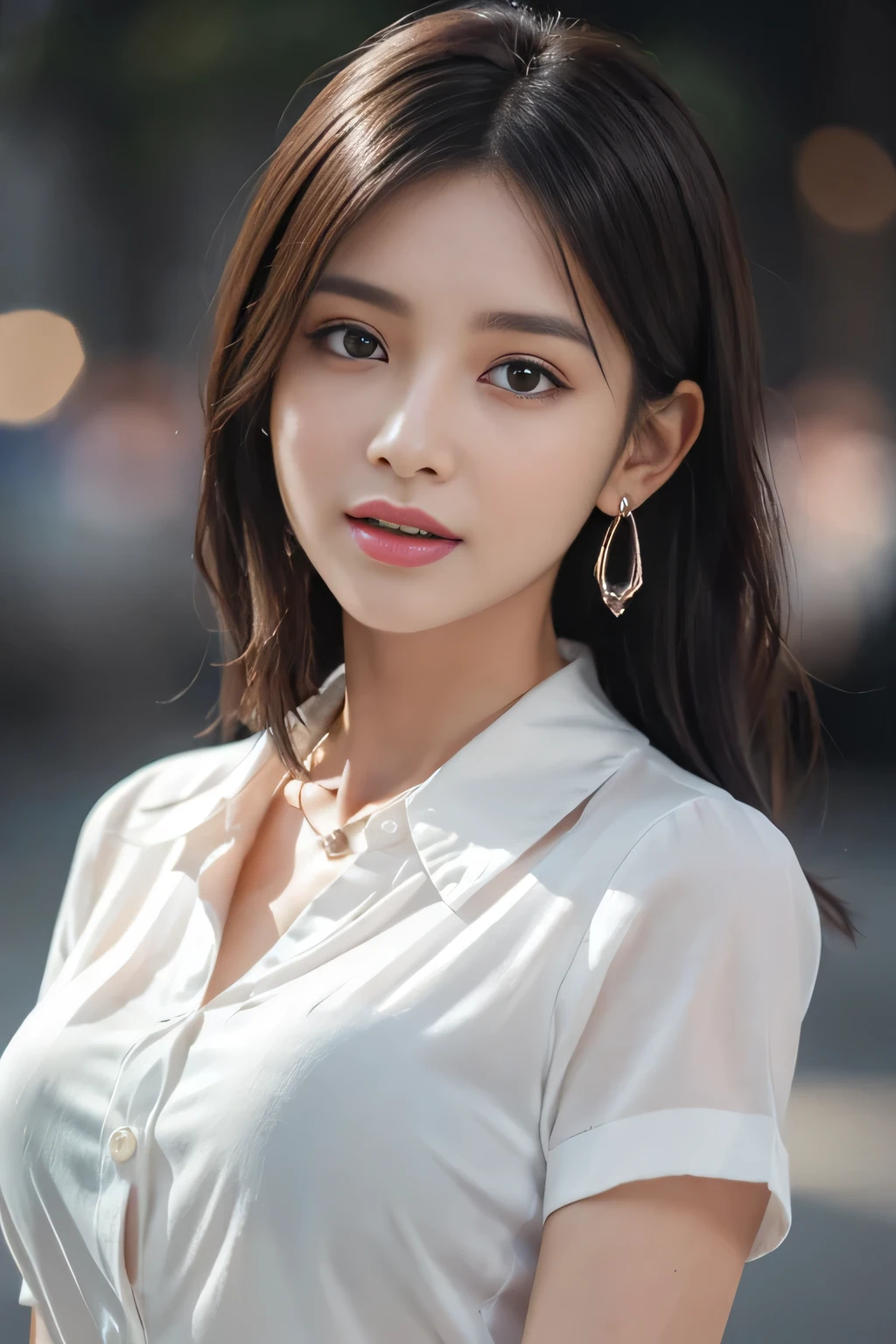 (Buttons that match the length of the shirt:1.2)、(White short-sleeved collared shirt)、(Unbuttoned shirt:1.1)、Shapely breasts、Deep cleavage、highest quality、masterpiece、Awareness-raising、Very delicate and beautiful、Very detailed、CG、Unity、8k wallpaper、Amazing、In detail、HVery detailed CG Unity 8k wallpapers、Large file size、Very detailed、High resolution、Handsome detailed woman、Very detailed目と顔、 Stunning eye for detail、Facial Light、(The best Awareness-raisingns:1.1)、(Best Shadow:1.1)、超A high resolution、(Photorealistic:1.1)、(Photorealistic 1.2:1.1)、Realistic Face Proportions、Slime-ified、Laughter、(compensate:0.4)、(fluffy Iris:1.21)、Iris、Look at the viewers、Dark brown hair、Earrings、necklace、(Irregular skin imperfections、vein、Wrinkled pores on skin:1.2)、(Dark Night Background: 1.2)、(Bokeh Depth of Field:1.4)、