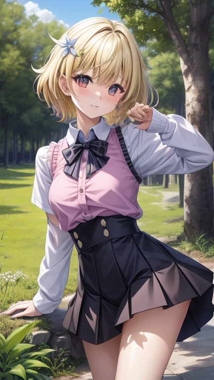 1 chica, solo, pelo rubio, Pelo de escena, pinzas de cabello, rayas rosadas, pelo rayado, pelo largo, camisa con hombros descubiertos, al aire libre, campo de flores, bosque, cielo hermoso, plantas, jirai kei, hombro desnudo, microfalda, falda a cuadros, liguero, pendientes, labios gruesos, Ojos rosados, El pelo en capas, pechos enormes, mangas largas, muslos gruesos, (animado:1.2), Forceful explosion, maquillaje de ojo, gargantilla, bow tie, de pie, bolso, pearl pendientes, tiro de vaquero