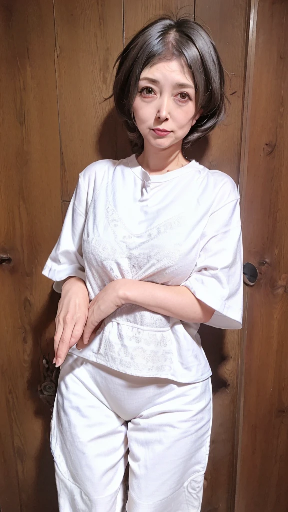 (highest quality、masterpiece、detailed、High resolution、8K、Photorealistic、Sharp focus、High-level image quality)
(Plain background、Professional Lighting、非常にdetailedな、Depth of written boundary)
(Mature Woman、65 years old、Japanese、Beauty、housewife、Aunt、Elegant、美Mature Woman)、
(Full body image、kneel)、
(Big Breasts、K-Cup、Large areola、Erect nipples、,、Big Ass、Thick thighs、Loose body、Voluptuous)、
(Perfect beautiful face、round face、Small face、Sharp jaw、Big Nose、Slit eyes、Cat-like eyes、Dimples、Wrinkles at the corners of the eyes、Dark circles in the eyes、Clear double eyelids、Nasolabial folds)、
(Anxious expression、A stern glare)、
(White T-shirt、White shorts、Tight Wear、Made from cotton)、
(short hair、Light brown、Rough perm waves、Show your forehead)、
(Exposed Skin、Bra and panties are visible)、