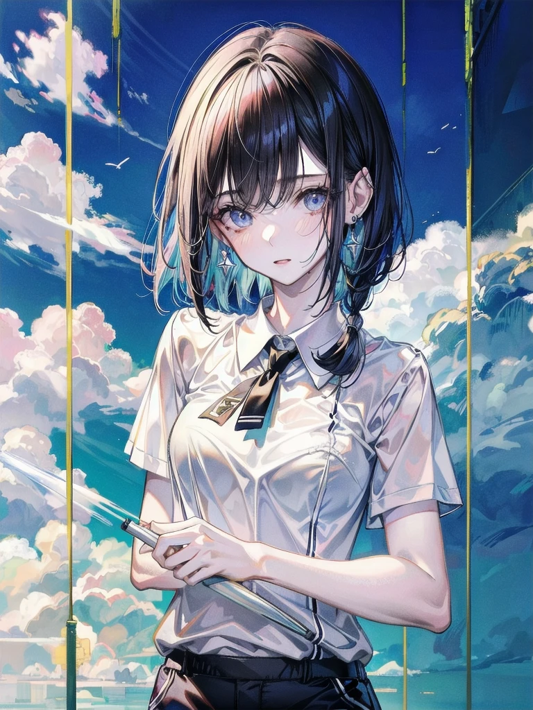 golf uniform, shorts, absurdres, RAW photo, extremely delicate and beautiful, masterpiece, Best Quality, ultra high resolution, 32k, hyperrealistic, ultra-detailed, detailed description, pale skin, 20 years old, tearful mole, earring, big tits, short medium hair, wavy hair, whole body shot,