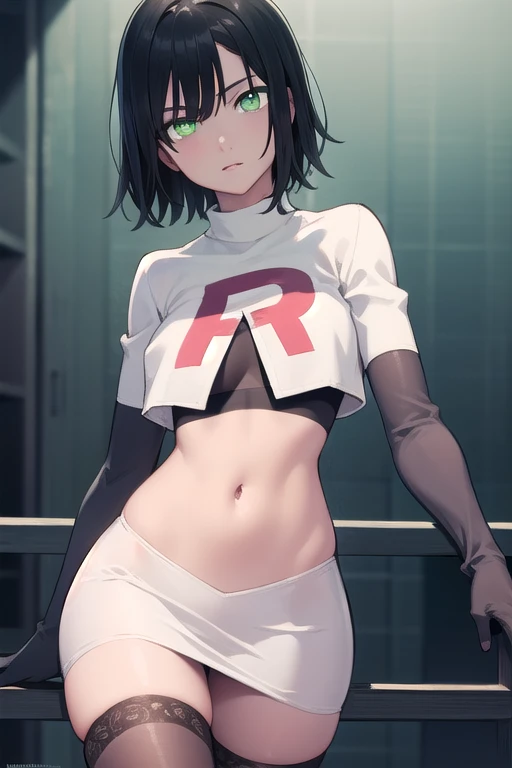 fubuki, fubuki, black hair, (green eyes:1.5), short hair,
BREAK jewelry, team rocket,team rocket uniform,white skirt,red letter R,crop top,black thigh-highs,black elbow gloves,
BREAK looking at viewer,
BREAK (masterpiece:1.2), best quality, high resolution, unity 8k wallpaper, (illustration:0.8), (beautiful detailed eyes:1.6), extremely detailed face, perfect lighting, extremely detailed CG, (perfect hands, perfect anatomy),