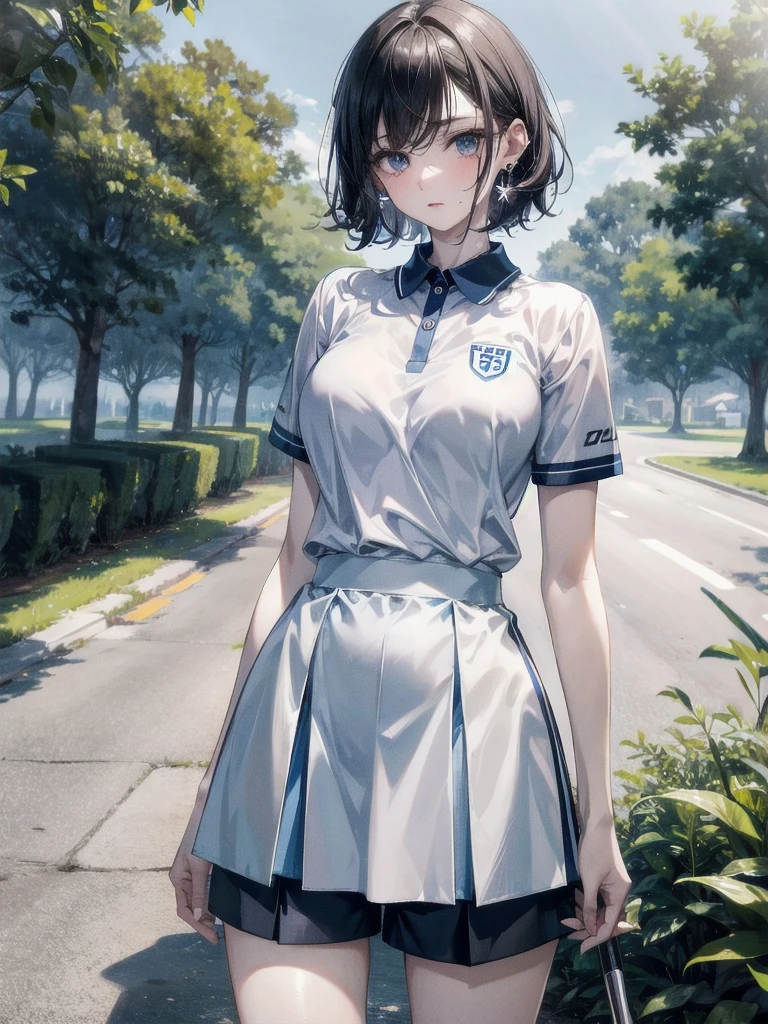 golf uniform, shorts, absurdres, RAW photo, extremely delicate and beautiful, masterpiece, Best Quality, ultra high resolution, 32k, hyperrealistic, ultra-detailed, detailed description, pale skin, 20 years old, tearful mole, earring, big tits, short medium hair, wavy hair, whole body shot,