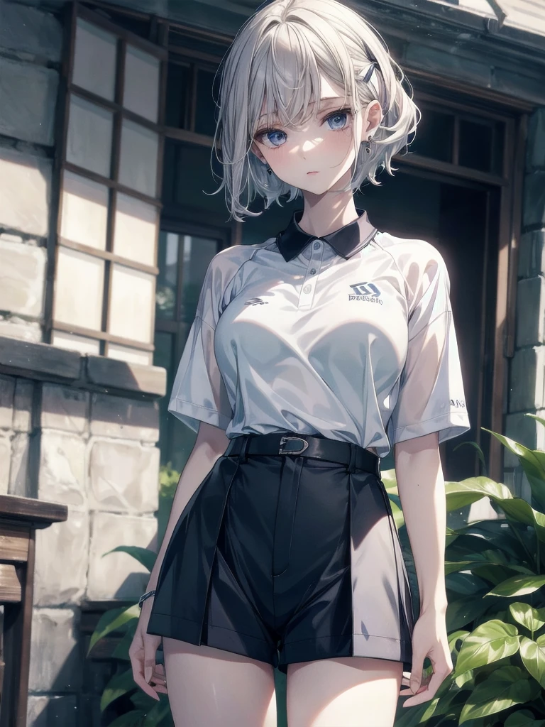 golf uniform, shorts, absurdres, RAW photo, extremely delicate and beautiful, masterpiece, Best Quality, ultra high resolution, 32k, hyperrealistic, ultra-detailed, detailed description, pale skin, 20 years old, tearful mole, earring, big tits, short medium hair, wavy hair, whole body shot,