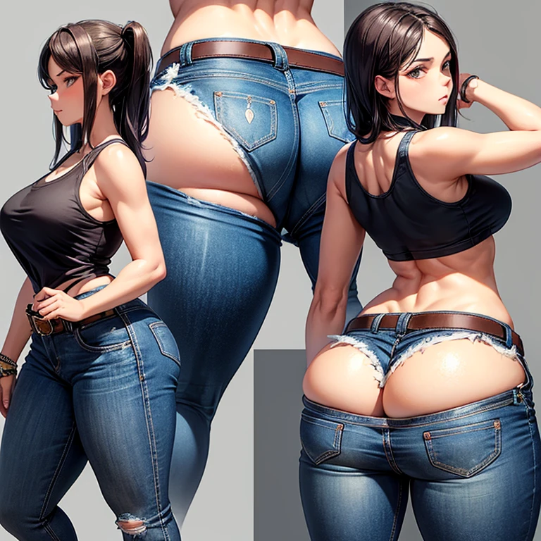 A woman wearing a tank top and full-zip low-rise shorts eats a tlayuda at a taco stand　Jeans have a belt　　　With side slits　Big Ass　Draw the buttocks in detail　Draw the crotch area in detail