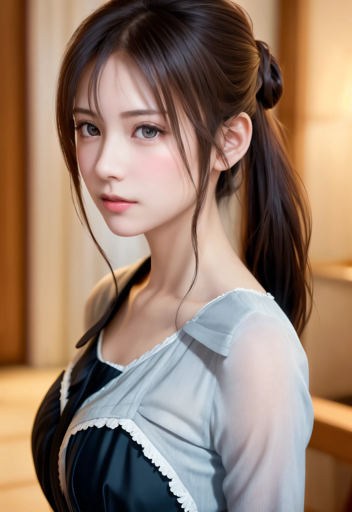 8K, of the highest quality, masutepiece:1.2), (Realistic, Photorealsitic:1.37), of the highest quality, masutepiece, Beautiful young woman, Pensive expression,、A charming、and an inviting look, Cute Maid Clothes, Hair tied back, Cinematic background, Light skin tone