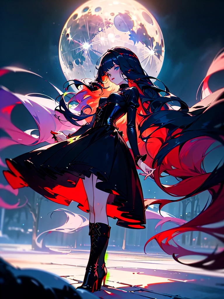 "(best quality,ultra-detailed,photorealistic:1.37),A girl with (beautiful detailed eyes:1.1:1.1), (long eyelashes:1.1),(blue eyes) and (fair skin as snow), (gotic dyed hair:1.1) (ruby red) (wavy and purple-tinged) (hair) wearing gothic outfit. The girl is standing in a (dark and mysterious:0.9) garden, surrounded by (twisted and overgrown) (black rose bushes), with (moonlight) casting an eerie glow. The girl's outfit consists of a (black lace) (corset), (voluminous) (black tulle) (skirt), and (high-heeled boots). Her (dark eyeliner:1.1:1.1) and (blood-red lipstick) add to her (intense and mysterious) gaze. The garden is filled with (subtle fog) and (ethereal shadows), creating an (haunting atmosphere). The (moonlit sky) above is (starry) and (dark), with a (full moon) shining brightly. The overall color palette of the scene is (dominated by dark, cool tones), with hints of (deep purples) and (rich blues). The lighting is (dramatic and moody), with (soft moonlight) casting shadows on the girl's face and outfit, emphasizing the (contrast between light and dark)."
Notice:The above is a longer version of the prompt,If you want to simplify you can omit some details or add details。