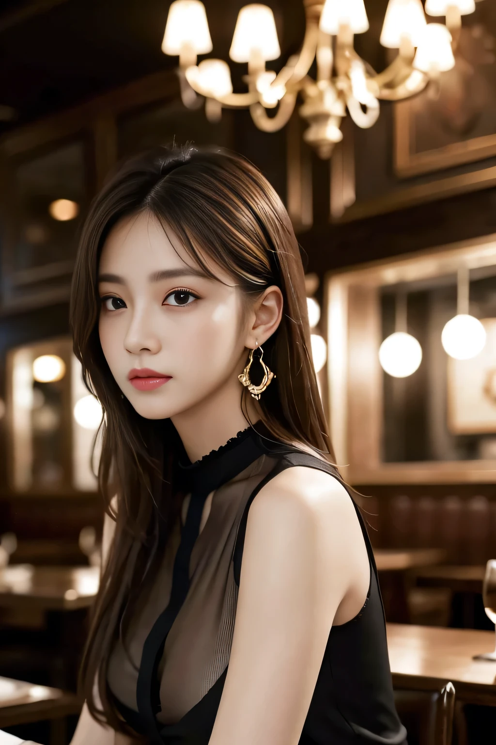 masterpiece, highest quality, Realistic, Very detailed, Finer details, High resolution, 8k wallpaper, One beautiful woman, Wear a black see-through shirt, In a great restaurant, At night, Light brown messy hair, Perfect dynamic composition, Beautiful and beautiful eyes、Big earrings