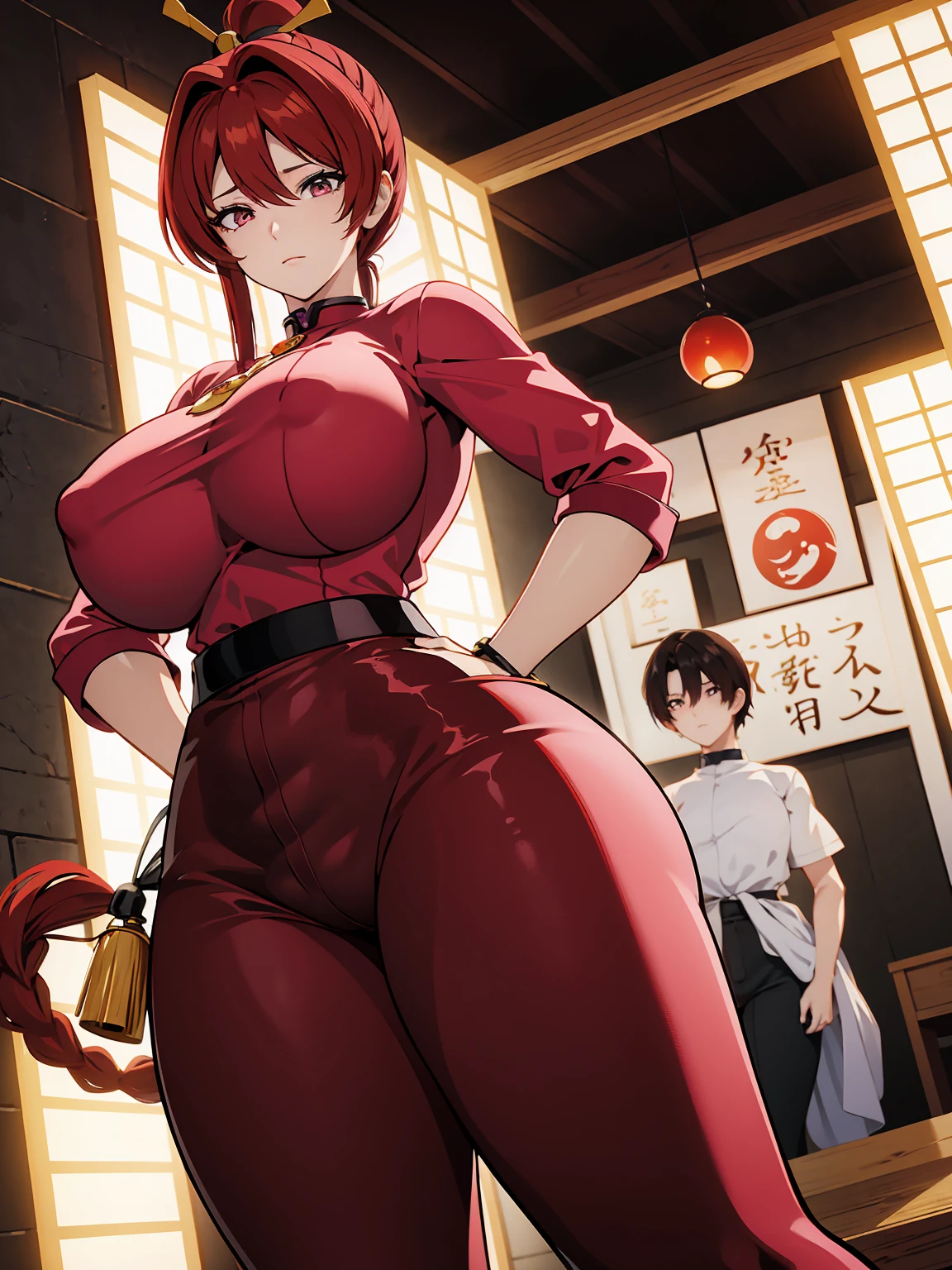 Redhead anime girl wearing pink latex top and black leather pants, garota , corpo bonito, seios grandes, red hair with braid, beautiful lighting, olhos azuis, pernas bonitas, agachada, on your knees on the floor, hands on hip, hands on her waist, hair with a braid, estilo anime, desenho anime, Ranma Chan, Autora Rumiko Takahashi, Baseado em obra de Rumiko Takahashi, Anime ranma 1/2, seios grandes, decote sexy, belo quadril robusto, seios bonitos, corpo inteiro, seios lindos, corpo completo, garota jovem com corpo belo e bonito, plano de fundo em branco, sem plano de fundo