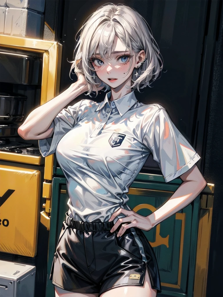 golf uniform, shorts, absurdres, RAW photo, extremely delicate and beautiful, masterpiece, Best Quality, ultra high resolution, 32k, hyperrealistic, ultra-detailed, detailed description, pale skin, 20 years old, tearful mole, earring, , short medium hair, wavy hair, whole body shot,