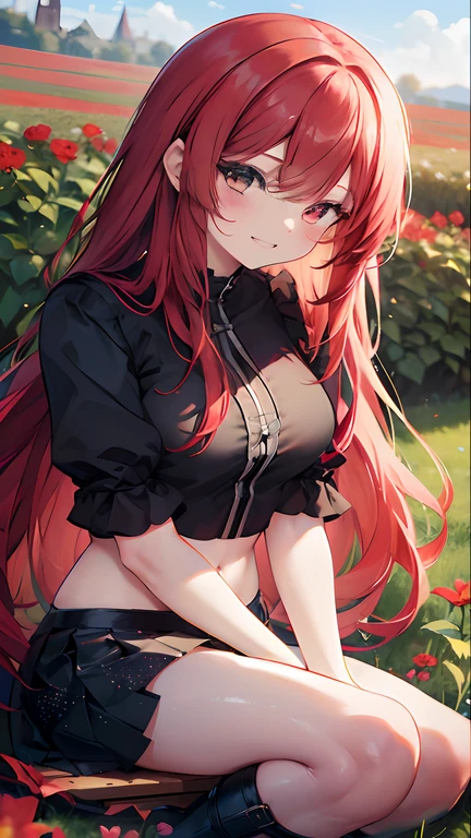 Chica anime sentada en un banco en un campo de flores, marin kitagawa fan art, chica anime con pelo largo, gemalt im Anime Painter Studio, por Girls Frontline, chica anime seductora, Arte de anime digital detallado, hermosa chica anime, Creado con Anime Painter Studio, Ilya Kuvshinov con largo cabello, Con cabello rojo, Estilo de arte Anime Moe