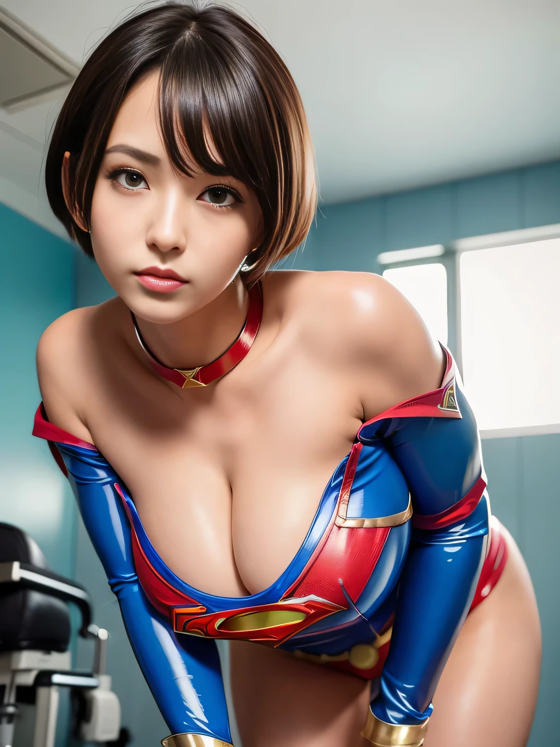 masterpiece、Enamel Supergirl Costume、Short Hair、Hospital operating table、Crisis situation、Big and ample breasts、looking at the camera、Shiny、Off the shoulder、choker、Long sleeve、exy poses to seduce、Sweaty、Model Body Type、Alluring、charm、Enchanting、Abused、test subject、victim、Wild、Photorealistic、latex、