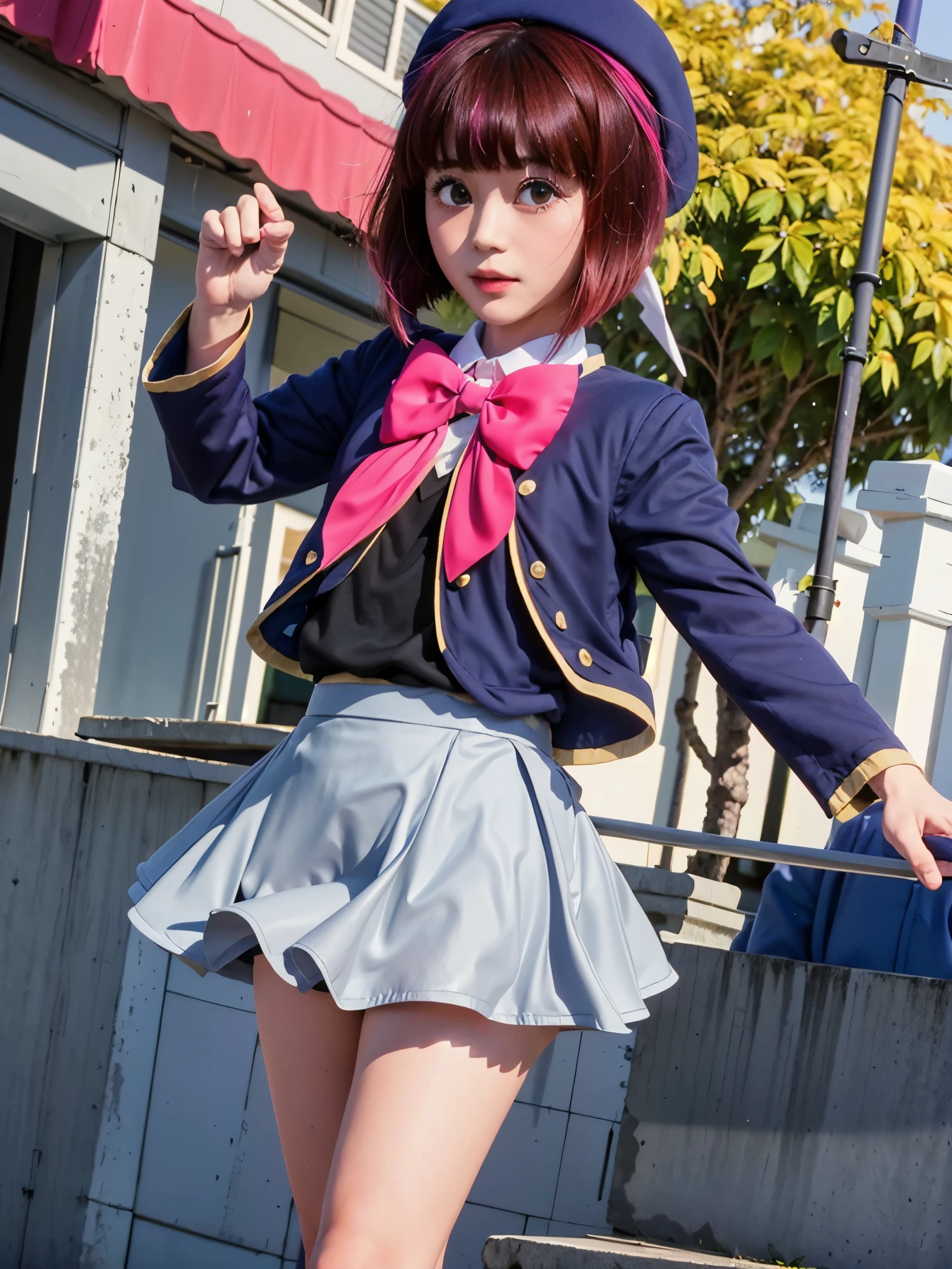 (masterpiece), high quality, 8k, realistic, cosplayer, Asian girl, 1girl, solo, beautiful lighting, kanaarima, short hair, (school uniform, jacket, blue jacket, black shirt, blue hat, white socks, hat, bow, pink bowtie, short skirt, grey skirt), standing, outdoor