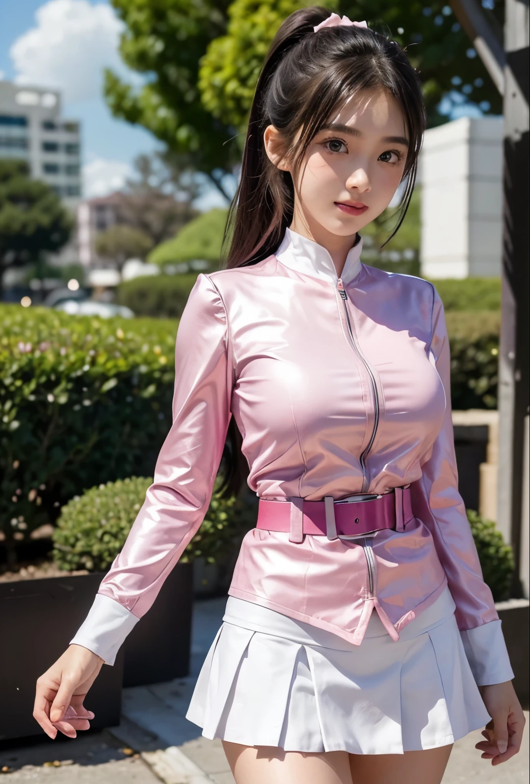 ((Pink Ranger, Same as V1)), One girl, Beautiful 18 year old Japanese woman, Angelic, Cute Face,ponytail、
Beautiful fine details, 
(Big eyes:1.3),Long eyelashes,
See-through bangs,
(Beautiful and exquisite face and eyes:1.4), 
Beautiful short black hair, Beautiful smile,
(highest quality:1.2),
RAW Photos, 
High resolution, 
Perfect detail, 
Professional photography, mini skirt、White panties、
Professional Lighting, (Metallic Coral Magenta and White Hero Miniskirt Suit:1.3), Super tight fitting miniskirt suit, belt, Huge breasts, Beautiful feet, Strong lighting in bodysuit,at the park, Sexy appearance:1.2, Full body portrait