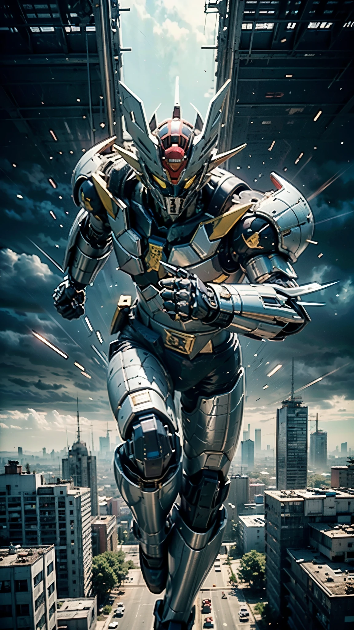 A man wearing a full-face helmet, a fantasy-style biotech armored combat suit, green eyes, (a composite layered chest armor), fully enclosed shoulder guards, matching arm and leg guards, the belt is adorned with Z mark, (the color scheme is primarily white with red and blue accents), the design balances heavy with agility, a high-tech bio-mecha armor, (Armor Concept Inspired by Mazinger Z, stand on the top of a skyscraper in a futuristic sci-fi city), this character embodies a finely crafted fantasy-surreal style armored hero in anime style, exquisite and mature manga art style, (battle damage, element, plasma, energy, the armor glows), ((male:1.5)), metallic, real texture material, dramatic, high definition, best quality, highres, ultra-detailed, ultra-fine painting, extremely delicate, professional, perfect body proportions, golden ratio, anatomically correct, symmetrical face, extremely detailed eyes and face, high quality eyes, creativity, RAW photo, UHD, 32k, Natural light, cinematic lighting, masterpiece-anatomy-perfect, masterpiece:1.5