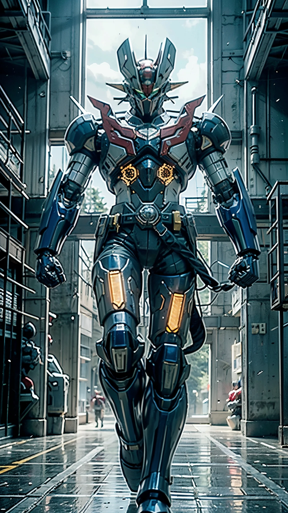 A man wearing a full-face helmet, a fantasy-style biotech armored combat suit, green eyes, (a composite layered chest armor), fully enclosed shoulder guards, matching arm and leg guards, the belt is adorned with Z mark, (the color scheme is primarily white with red and blue accents), the design balances heavy with agility, a high-tech bio-mecha armor, (Armor Concept Inspired by Mazinger Z, stand on the top of a skyscraper in a futuristic sci-fi city), this character embodies a finely crafted fantasy-surreal style armored hero in anime style, exquisite and mature manga art style, (battle damage, element, plasma, energy, the armor glows), ((male:1.5)), metallic, real texture material, dramatic, high definition, best quality, highres, ultra-detailed, ultra-fine painting, extremely delicate, professional, perfect body proportions, golden ratio, anatomically correct, symmetrical face, extremely detailed eyes and face, high quality eyes, creativity, RAW photo, UHD, 32k, Natural light, cinematic lighting, masterpiece-anatomy-perfect, masterpiece:1.5