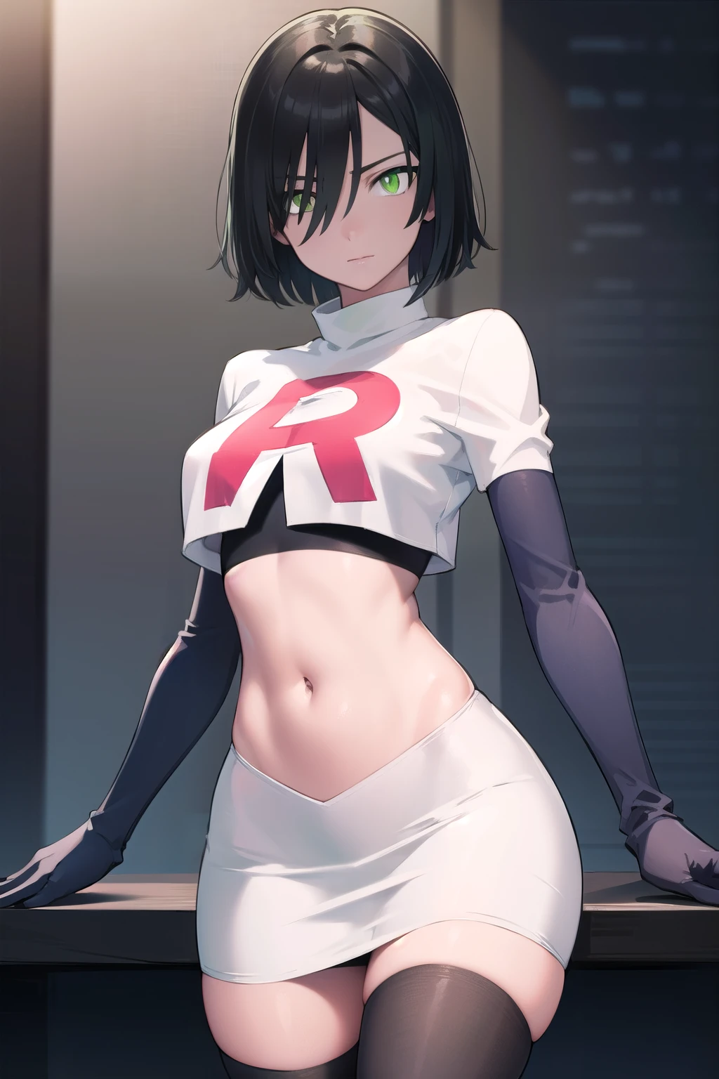 fubuki, fubuki, black hair, (green eyes:1.5), short hair,
BREAK jewelry, team rocket,team rocket uniform,white skirt,red letter R,crop top,black thigh-highs,black elbow gloves,
BREAK looking at viewer,
BREAK (masterpiece:1.2), best quality, high resolution, unity 8k wallpaper, (illustration:0.8), (beautiful detailed eyes:1.6), extremely detailed face, perfect lighting, extremely detailed CG, (perfect hands, perfect anatomy),