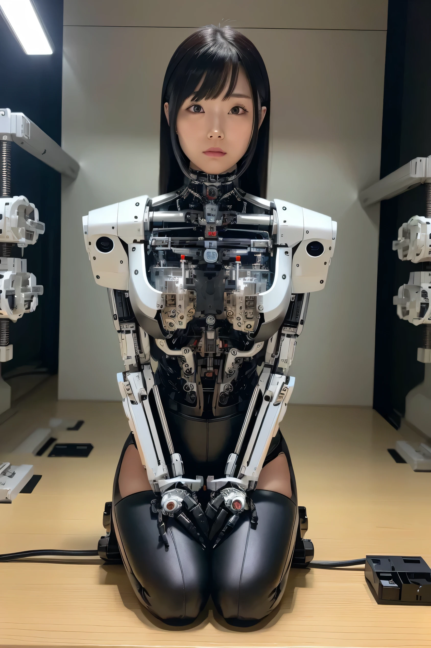 masterpiece, best quality, extremely detailed,  Japaese Cyborg girl,Plump , control panels,android,Droid,Mechanical Hand, Robot arms and legs, Black Robot Parts,Black hair,Mechanical body,Blunt bangs,White robotics parts,perfect robot girl,long tube,thick cable connected her neck,ceramic body ,mechanical body,  mechanical costume,android,robot,humanoid,cyborg,japanese android woman ,black leggings,mechanical chest,future laboratory,connecting a cable between the legs,