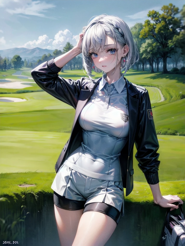 golf uniform, shorts, absurdres, RAW photo, extremely delicate and beautiful, masterpiece, Best Quality, ultra high resolution, 32k, hyperrealistic, ultra-detailed, detailed description, pale skin, 20 years old, tearful mole, earring, big tits, short medium hair, wavy hair, whole body shot,