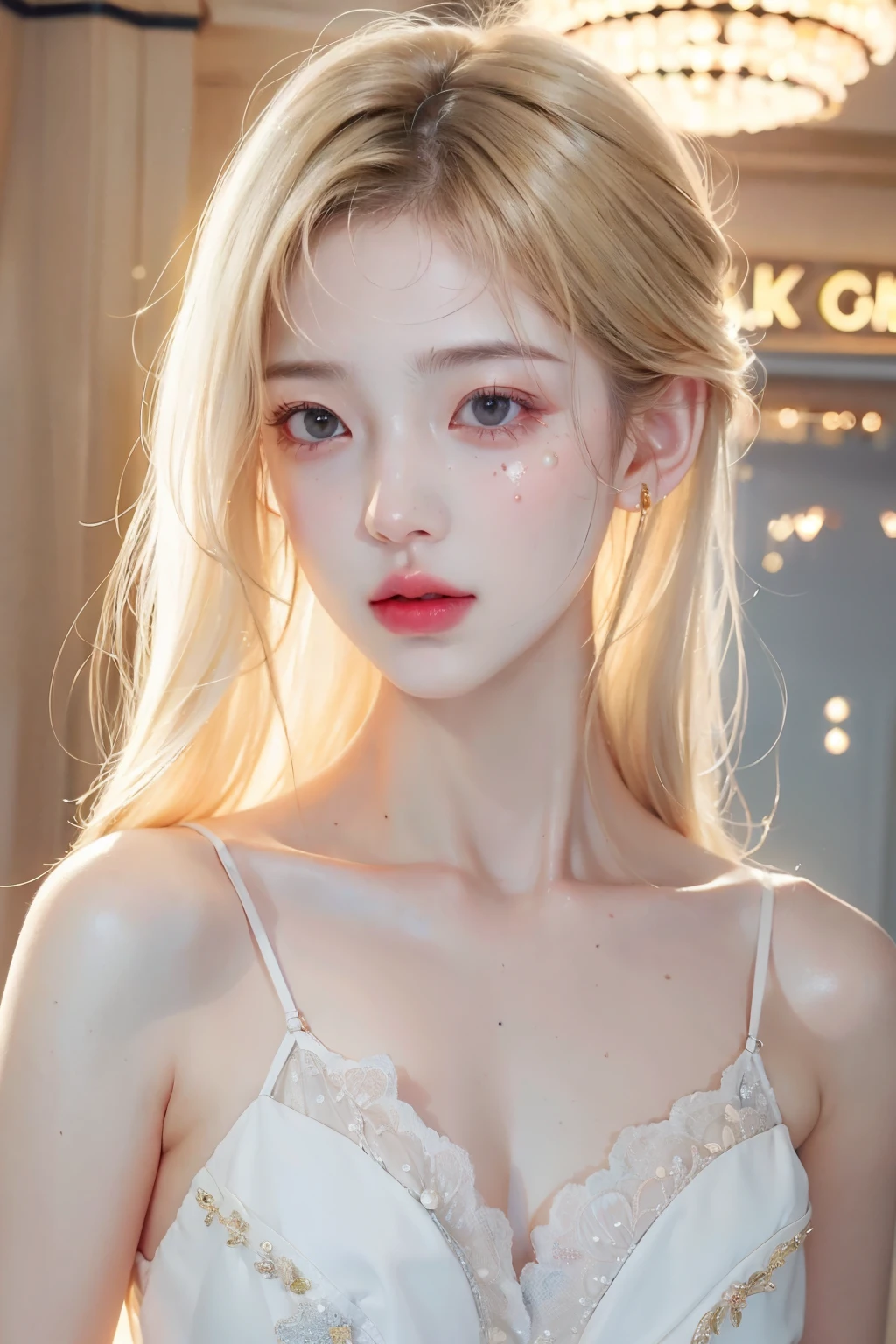 1 woman, SFW,  Beautiful woman with blonde hair in the arcade, (whole body:1.7), AS-Adult, detailed skin, ultra realistic 8k cg, 그림처럼 Perfect 얼굴, Perfect, Clean, masterpiece, 전문적인 illustration, famous work of art, movie lights, Cinematic flowers,  best quality, masterpiece, illustration, (realistic, photo-realistic:1.37), amazing, in detail, incredibly absurd, huge file size, very detailed, mackerel, very detailed CG Unity 8k 벽지, ray tracing. The background of the image is blurry., depth of field and extremely photorealistic quality., (Milky skin, glowing skin:1.5). 