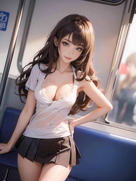 ((Extreme exposure))(High-definition image quality)極Realistic skin texture、High definition face(brown、Very long straight hair、Hair behind the ear、Beautiful moist brown hair、Smooth Hair)((Bright smile、Embarrassed expression))、Gaze(sexy 25 year old girl、Idol Makeup、Eyeliner)(Fair skin)(Sparkling eyes)Smooth Skin、Realistic skin texture ((Oversized T-shirt、Short length、Cleavage、Big Breasts) ((Extremely short and tight miniskirt、damage、Super tight、small、Ultra low rise、Panty lines))))A well-proportioned and perfect body、Beautiful armpits、On the position of the chest、Round big breasts、Beautiful valley、Ultra-thin waist、Waistline、Long legs、Glitter High Heels((((on the train、Standing posture))))(((((Sexy medium full shot、View angle from below))))))