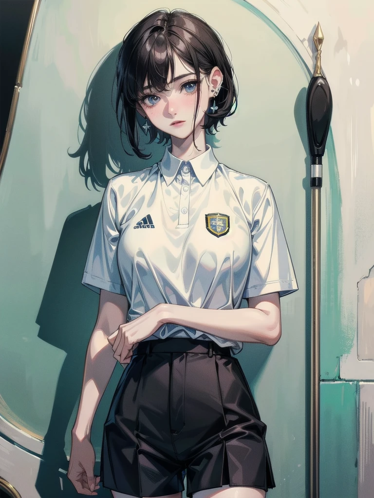 golf uniform, shorts, absurdres, RAW photo, extremely delicate and beautiful, masterpiece, Best Quality, ultra high resolution, 32k, hyperrealistic, ultra-detailed, detailed description, pale skin, 20 years old, tearful mole, earring, big tits, short medium hair, wavy hair, whole body shot,